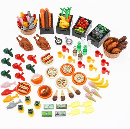 188pcs City Food Bricks Set, Picnic Toys Friends Kitchen Fram Restaurant DIY Pieces Parts Ice-Cream-Cupcakes Turkey-Banana-Carrot-Bread Basket Fish