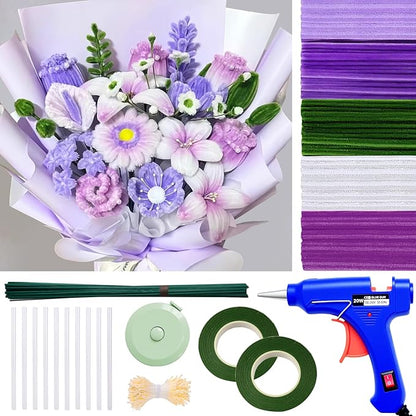 500 Pcs Pipe Cleaners for Crafts – 5 Colors Chenille Stems with Glue Guns & Tape Measure – Perfect for DIY Projects, Holiday & Room Decorations, Arts and Crafts Activities (Purple, 12in x 8mm)