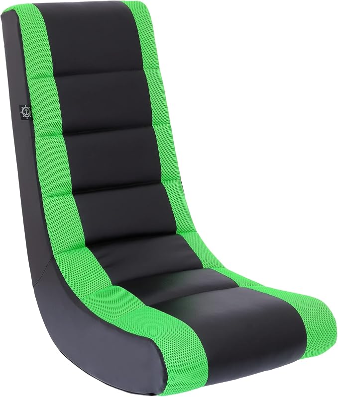 The Crew Furniture Classic Video Rocker Floor Gaming Chair, Kids and Teens, Racing Stripe PU Faux Leather & Polyester Mesh, Black/Green