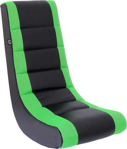 The Crew Furniture Classic Video Rocker Floor Gaming Chair, Kids and Teens, Racing Stripe PU Faux Leather & Polyester Mesh, Black/Green