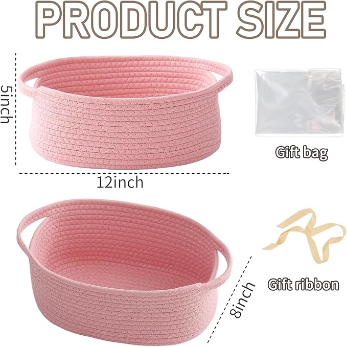 JMvicyroam Woven Basket,Small Rope Storage Bin with Handles & Ribbon Bag, Organizer for Shelves Closets,Gift Basket Empty for Birthday,Books,Dog Toys, Pink/3 Pack