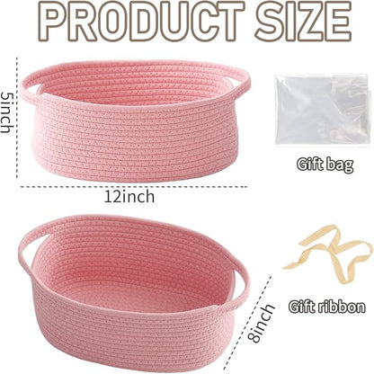 JMvicyroam Woven Basket,Small Rope Storage Bin with Handles & Ribbon Bag, Organizer for Shelves Closets,Gift Basket Empty for Birthday,Books,Dog Toys, Pink/3 Pack