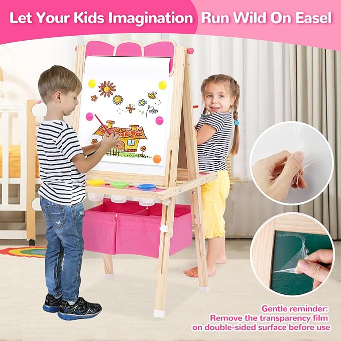 Kids Wooden Easel All-in-one Kid Easel Double Sided Standing Whiteboard Blackboard Children Art Easel with Storage, Height Adjustable Easel for Boys Girls Painting and Writing