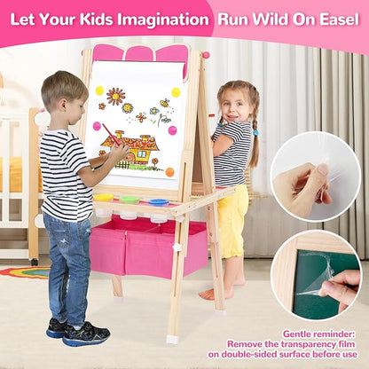 Kids Wooden Easel All-in-one Kid Easel Double Sided Standing Whiteboard Blackboard Children Art Easel with Storage, Height Adjustable Easel for Boys Girls Painting and Writing