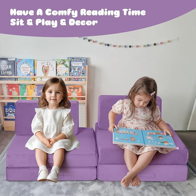 MeMoreCool Modular Kids Couch, Purple 8-Piece Convertible Foam Sofa Play Set for Toddlers and Playroom