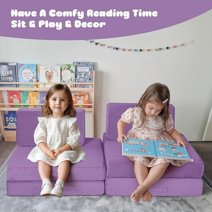 MeMoreCool Modular Kids Couch, Purple 8-Piece Convertible Foam Sofa Play Set for Toddlers and Playroom