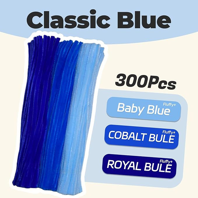 Blue Color Trio Pipe Cleaner Set - 300pcs, Thick Fluffy Chenille Stems for Arts & Crafts, Perfect for Making Animals, Flowers, and Festive Decorations(12 inches x 0.24 inches)