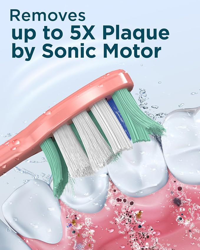 Rtauys M5 Sonic Electric Toothbrush for Adults and Kids - Rechargeable Electric Toothbrush Kids Ages 12+ and Adults with 8 Brush Heads & Travel Case, 120 Days Battery Life - Rosered