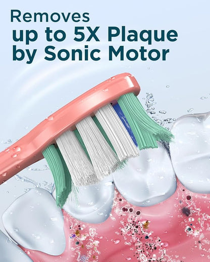 Rtauys M5 Sonic Electric Toothbrush for Adults and Kids - Rechargeable Electric Toothbrush Kids Ages 12+ and Adults with 8 Brush Heads & Travel Case, 120 Days Battery Life - Rosered