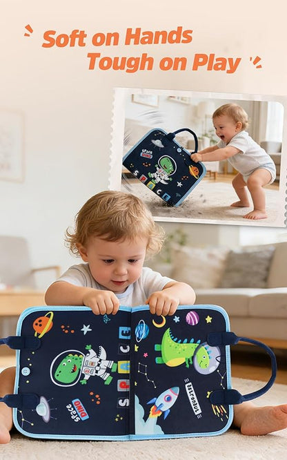 GONINO Toddler Busy Board Montessori Toys for 3 Year Old, Dinosaur Space Busy Book with 23 Activities for Learning Fine Motor Skills, Sensory Travel Toys for Airplane Car, Gifts for Boys Girls 3+