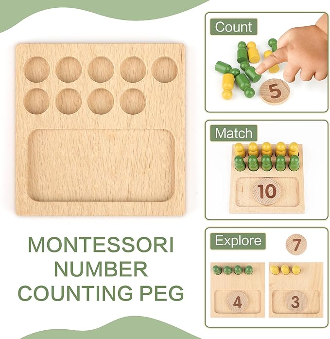 DINORUN Educational Toys for 3 4 5 Year Old Boy Girls Gifts - Preschool Learning Math and Numbers for Toddler 2-4 - Math Manipulatives for Kids 3-6 - Montessori Wooden Counting Peg Board Materials