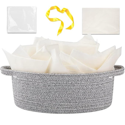 OIAHOMY Gift Basket with Handle, Small Woven Basket with Gift Bag, Ribbon and Wrap Tissue Paper, Nursery Bins Empty to Fill with Small Items, Baby, Pet Toy Organizer - Grey