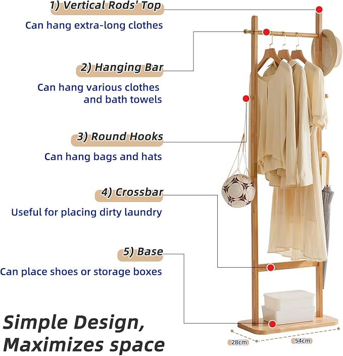 Coat Rack Freestanding, Coat Tree with 2 Main Rods and Stable Design, Clothes Racks for Hanging Coats Clothes Suits Jacket, Easy to Assemble and Very Sturdy, Natural Wood Color USYD-202