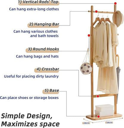 Coat Rack Freestanding, Coat Tree with 2 Main Rods and Stable Design, Clothes Racks for Hanging Coats Clothes Suits Jacket, Easy to Assemble and Very Sturdy, Natural Wood Color USYD-202