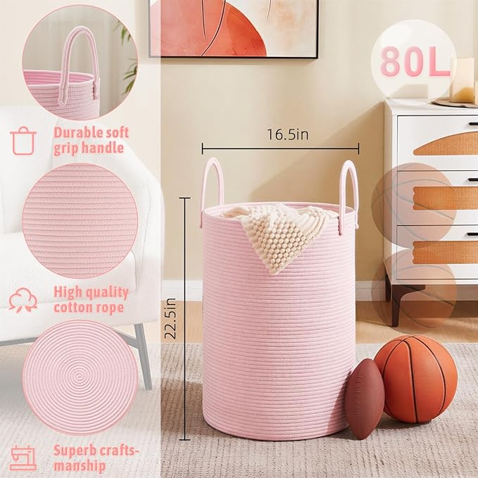Artfeel Laundry Basket,Woven Cotton Rope Laundry Hamper,80L for Decorative Storage of Dirty Clothes,Toys and Blankets in Bathroom,Baby Room and Living Room