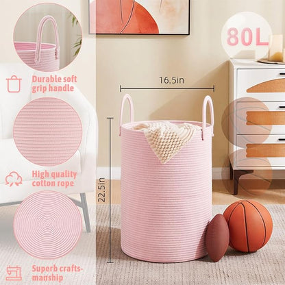Artfeel Laundry Basket,Woven Cotton Rope Laundry Hamper,80L for Decorative Storage of Dirty Clothes,Toys and Blankets in Bathroom,Baby Room and Living Room