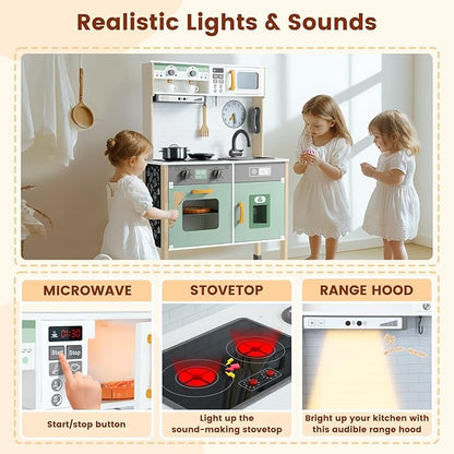 Play Kitchen Wooden Kids Kitchen Playset Pretending Toys for Toddlers with Real Lights & Sounds, 3 Heights Adjustable, Chalkboard, 35Pcs Toy Food & Cookware Accessories-Green