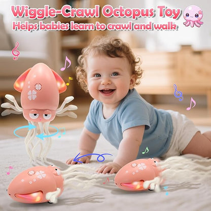 Pbooo Magic Dancing Octopus Toy, Electric Crawling with LED Lights and Music, Rechargeable Music Squid Baby Toy for 3-6 Year Olds, Tummy Time and Toddler Walking Toy, Birthday Gift, Pink