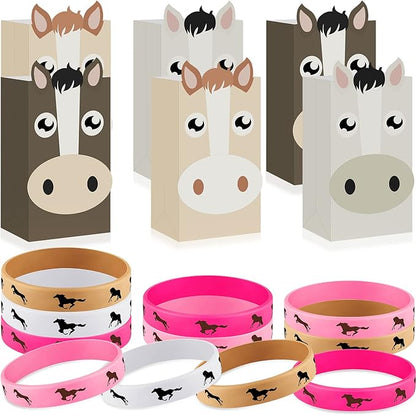 36 Pcs Horse Party Favors Including Horse Treat Favor Bags Horse Party Bag Cowboy Candy Bags Horse Rubber Bracelets for Baby Shower Horse Birthday Party(Light Brown, Rose, Pink, White)