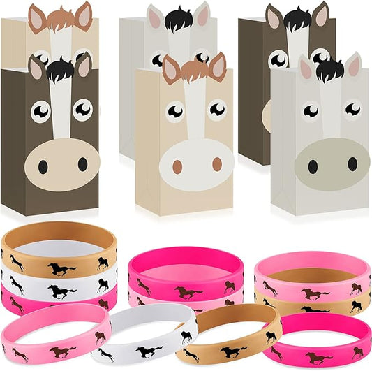 36 Pcs Horse Party Favors Including Horse Treat Favor Bags Horse Party Bag Cowboy Candy Bags Horse Rubber Bracelets for Baby Shower Horse Birthday Party(Light Brown, Rose, Pink, White)