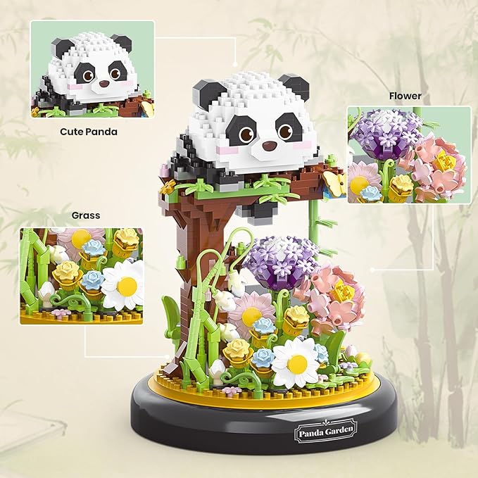 Panda Flower Bouquet Building Set for Adults, Animals Flowers Plants Decor with Dust Cover, Birthday Gift Building Toy for Boys Girls, 999 PCS Mini Building Blocks, Not Compatible with Lego