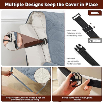 XINEAGE 100% Waterproof Recliner Chair Cover, Non Slip Covers for Recliner Chair with Pocket, Washable Dog Recliner Couch Cover with Elastic Straps (Grayish Blue, 23.6")