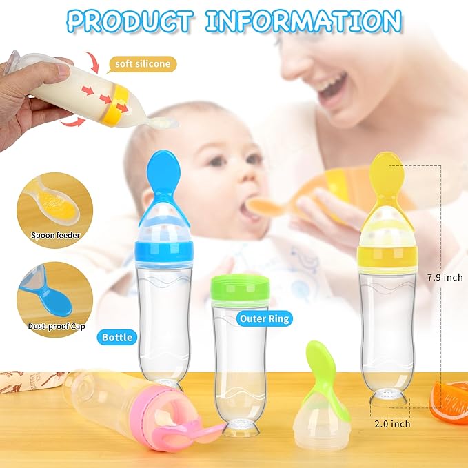 Baby Food Feeder Silicone Baby Food Dispensing Spoon-WAJIAYON, 3 oz Squeeze Feeding Spoons with Suction Cup for Boys Girl Kids Toddlers - Self Feeding Bottle Spoon - Green