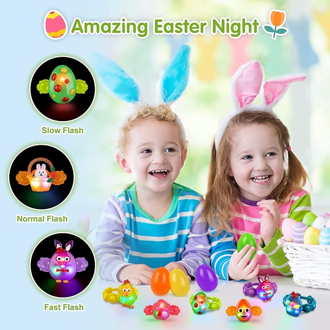 NPET LED Light Up Bracelets 10 Packs Easter Party Favors for Kids, Pop Fidgets Bracelets Glow in The Dark Egg Fillers Goody Bag Stuffers for Kids Boys Girls Glow in the Dark Bracelets