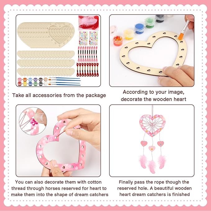 Fennoral 18 Pack Heart Dream Catcher Craft Kit for Kids Paint You Own Love Heart Dream Catcher DIY Coloring Mother's Day Wooden Art and Craft for Art Activity Project Valentine's Day Decoration