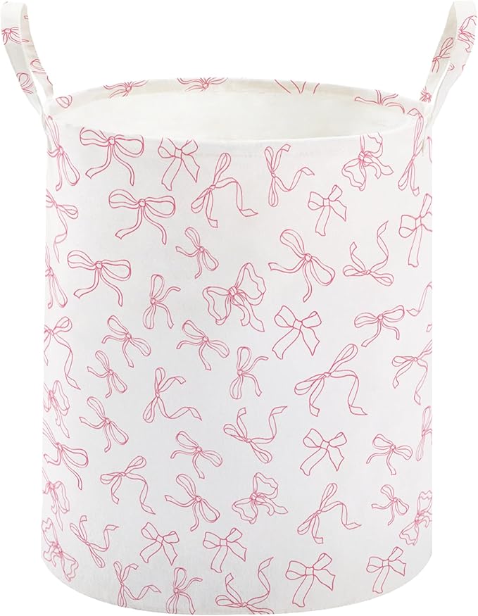 TECHMILLY Large Storage Basket for Girls and Boys, Collapsible Laundry Hamper with Long Handles, Toy Bins for Nursery, Kids Room Décor (Bowknot)
