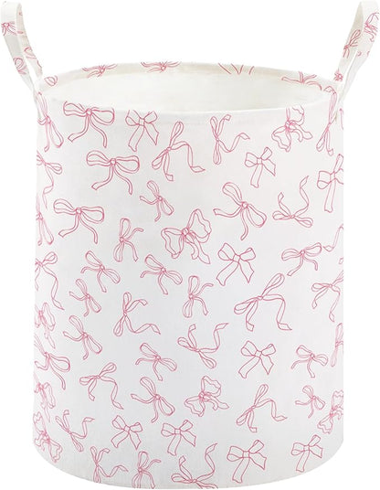 TECHMILLY Large Storage Basket for Girls and Boys, Collapsible Laundry Hamper with Long Handles, Toy Bins for Nursery, Kids Room Décor (Bowknot)