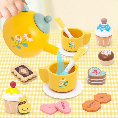 Wooden Tea Party Set for Little Girls Toddler Tea Set Toys with Cupcake Stand & Play Food Kitchen Accessories, Wooden Pretend Play Toys for Toddlers Christmas Birthday Gift for 3 4 5 6 Years Old Girl