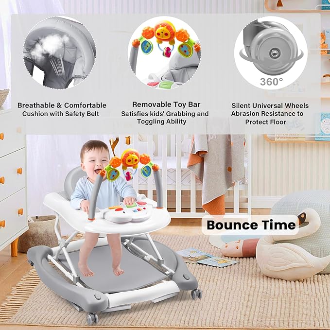 Boyro Baby Baby Walker, 5-in-1 Baby Walkers for Boys and Girls 6-12 Months with Bouncer, Removable Footrest, Feeding Tray & Music, Foldable & Adjustable Activity Walker for 6-18 Months Toddler Infant