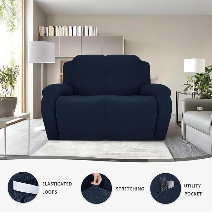 Stretch Jacquard Recliner Sofa Covers 3 Seat Soft Recliner Chair Covers Sofa Slipcover with Pocket and Elastic Bottom Furniture Protector for Kid,Pets（Checks,Navy Blue）