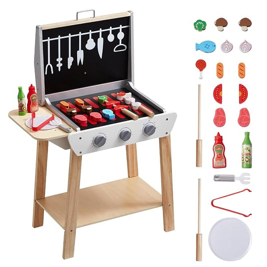 VEVOR Wooden Play Barbecue Toy Grill, Kids Grill Playset with Play Food and Grilling Tools, Wooden Play Food Kitchen Accessory (21 PCS), Pretend Play Cooking Toy for Toddlers Boys Girls Age 3+ Gift