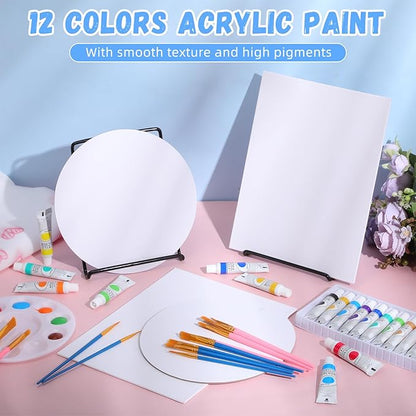 Fullhawl Valentine Acrylic Paint Canvas Easel Set, 62 Pcs Art Painting Supplies Kit with 2 Metal Easels, 2 x 10 Pcs Brushes, 2 Pcs 12 Color Tubes, 4 Canvases, 2 Palettes for Couples Student BeginnerF