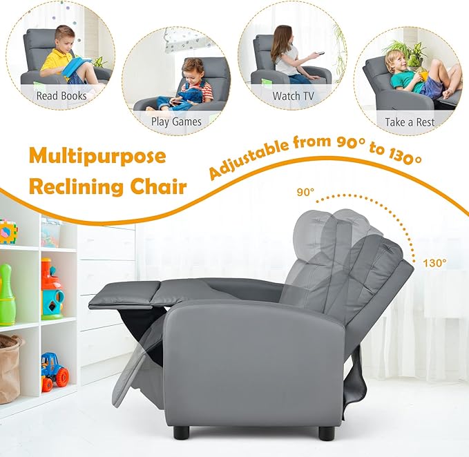 Costzon Kids Recliner, Adjustable PU Leather Lounge Chair w/Side Pockets, Footrest, Headrest for Kids Room & Play Room, Easy to Clean, Padded Recliner Sofa for Children Boys Girls Aged 3-12 (Grey)
