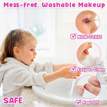 58Pcs Kids Makeup Kit for Girl - Real Washable Cosmetic Set with Light Up Mirror - Kids Makeup Sets for Girls -Play Make Up Birthday for Age 3 4 5 6 7 8 9 10 11 12 Years Old Kid -Rose