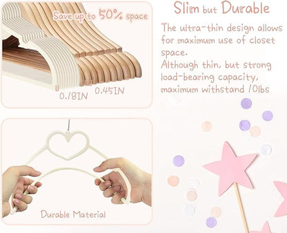 Beige Heart Velvet Baby Hangers - 50pack 13inch Toddler Hangers with 20pcs Clips,Ultra Slim and Stackable Space Saving