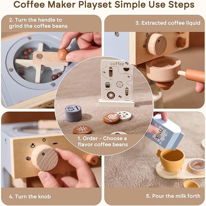 Kids Coffee Maker Playset Wooden Kitchen Toys for Toddlers - 15PCS Toy Coffee Maker Play Kitchen Accessories for Girls & Boys Pretend Play Kids Coffee Maker Toys - Ideal Gift