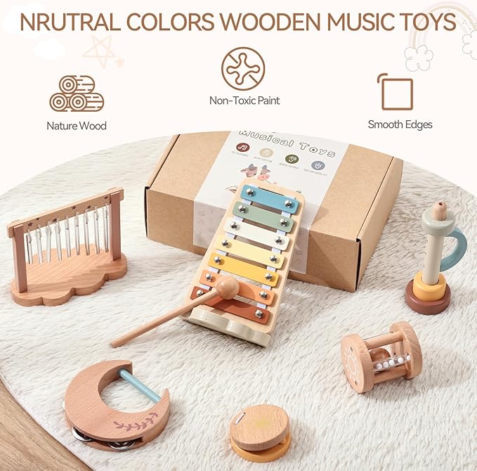 Baby Musical Instruments-Montessori Wooden Musical Toys for Toddlers | Modern Boho Kids Musical Instruments | Wooden Percussion Instruments Set Toys with Xylophone Birthday Gift