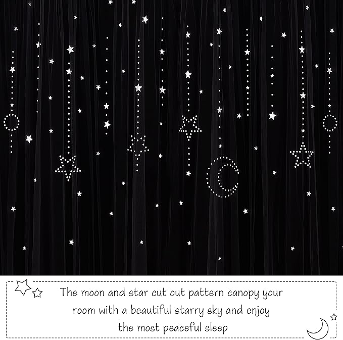 NICETOWN Star and Moon Hollow-Out Curtains for Kids Room, White Voile Overlay Princess with Blackout Curtains 2 Layer Grommet Window Drapes for Baby Bedroom/Halloween, 2 Panels (52W x 63L, Grey)