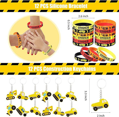 122 PCS Construction Party Favors Construction Theme Party Supplies Mini Construction Vehicles Rubber Bracelet Keychains Truck Button Pin Bags for Kids Birthday Party Favors Goodie Bag Fillers