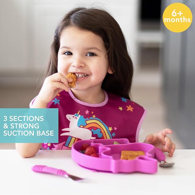 Bumkins Toddler and Baby Suction Plate, Silicone Divided Grip Dish, Babies and Kids, Baby Led Weaning, Children Feeding Supplies, Non Skid Sticky Bottom, Platinum Silicone, Ages 6 Months Up, Unicorn