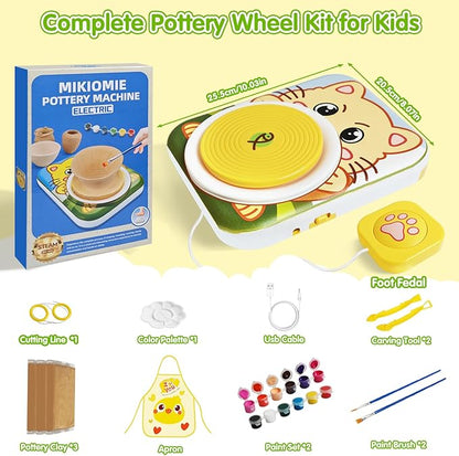 Mikiomie Electric Pottery Wheel for Beginners with Foot Pedal, 3 Clay Packs(1.7lbs Total), Apron, Painting & Carving Tools, Arts and Crafts Toys Art Supplies, Gifts for Birthday Christmas