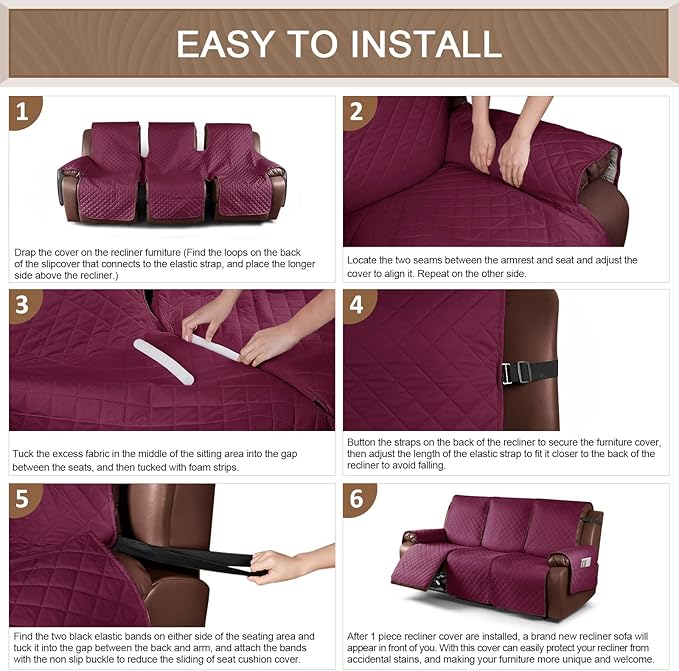 KinCam Recliner Sofa Covers for 3 Seat, 100% Waterproof Reclining Couch Covers, Non-Slip Recliner Couch Cover Furniture Protector with Elastic Straps for Pets, Kids, Burgundy