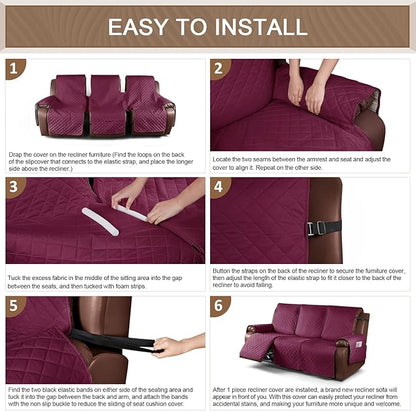 KinCam Recliner Sofa Covers for 3 Seat, 100% Waterproof Reclining Couch Covers, Non-Slip Recliner Couch Cover Furniture Protector with Elastic Straps for Pets, Kids, Burgundy