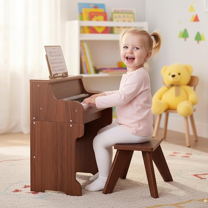 HONEY JOY Wooden Kids Piano, 25 Lighted Keys Kids Keyboard Piano w/Music Stand, Bench, Early Learning Educational Musical Instrument, Baby Music Toy for 3+ Years Old Toddlers Boys Girls (Brown)
