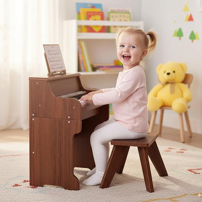 HONEY JOY Wooden Kids Piano, 25 Lighted Keys Kids Keyboard Piano w/Music Stand, Bench, Early Learning Educational Musical Instrument, Baby Music Toy for 3+ Years Old Toddlers Boys Girls (Brown)