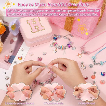 LifeisLuck Charm Bracelet Making Kit - 110 Pcs Girls Beads Jewelry Making Kit, Unicorn & Mermaid Crafts Toys Kids Birthday Gifts for Little Girls Ages 8-12, with H Initial Personalized Bracelet Case